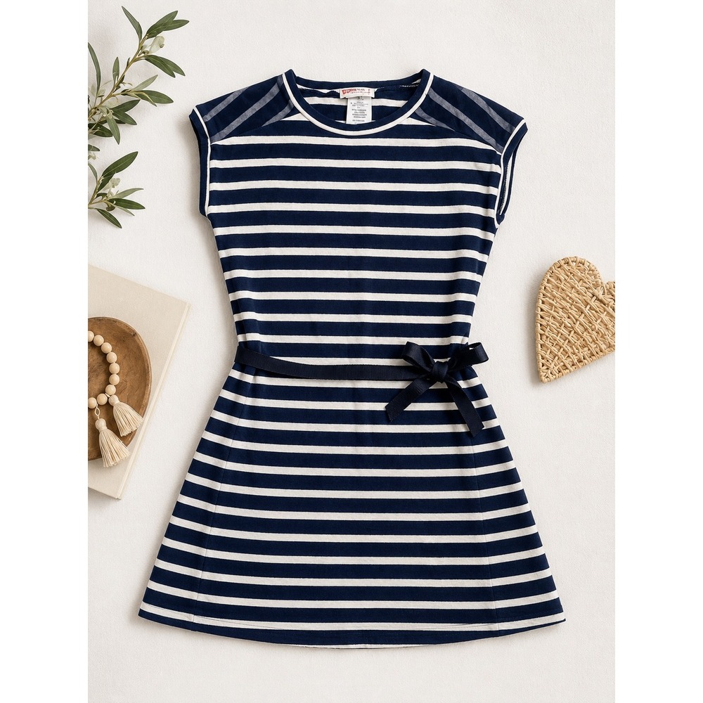 Crewcuts‎ J.Crew Girls Navy Blue White Striped Bow Dress Size 8 Mesh Shoulder